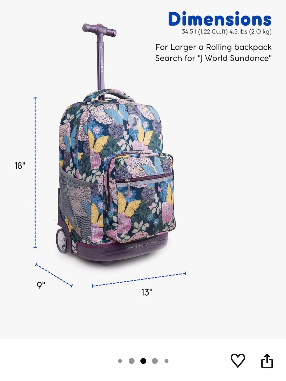 Rolling Backpack with Butterfly Floral Print - Purple Accents - Picture 2 of 6